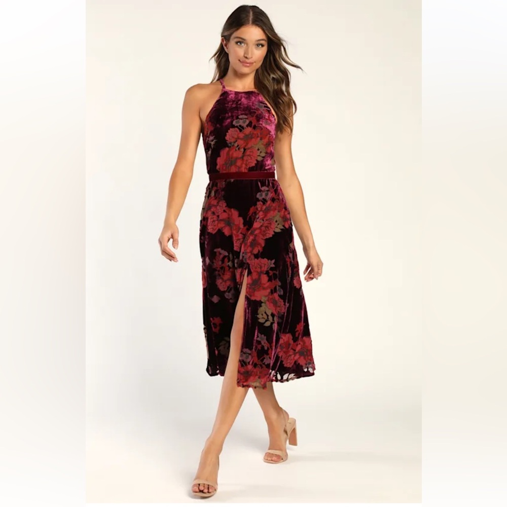 Lulu’s Endearing Style Burgundy Floral Print Burnout Velvet Midi Dress